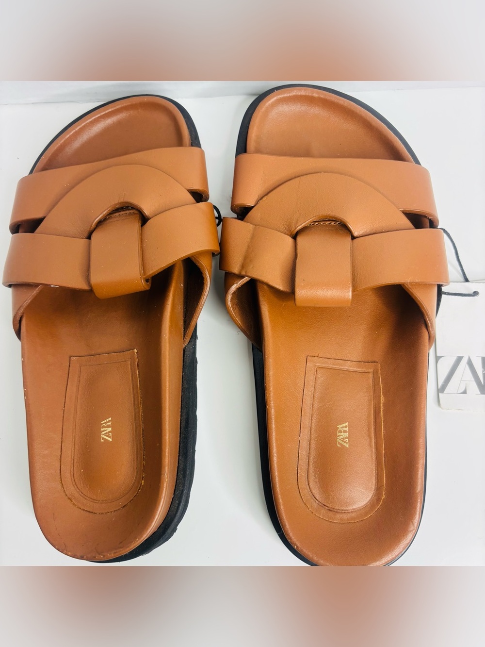 Zara Cognac Braided Strap Slide Sandals